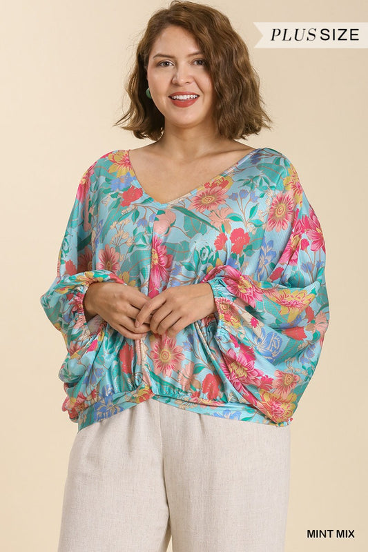 PLUS Floral Print Long Puff Sleeve V-Neck Top