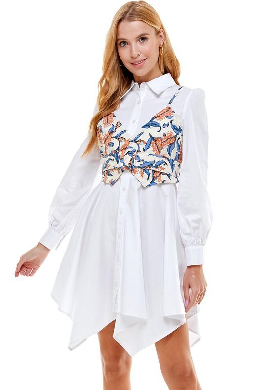 2pc set-Woven Shirt Dress with Floral Vest-Dress-TCEC-White/Blue-CD01921J-1-tarpiniangroup