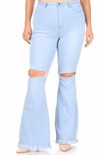 GP3321P-23P PLUS High waist bell bottom jeans with rip & fray